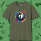 Eight Ball Paint Splash T-Shirt, front view, in Military Green for hustlers who keep it honest