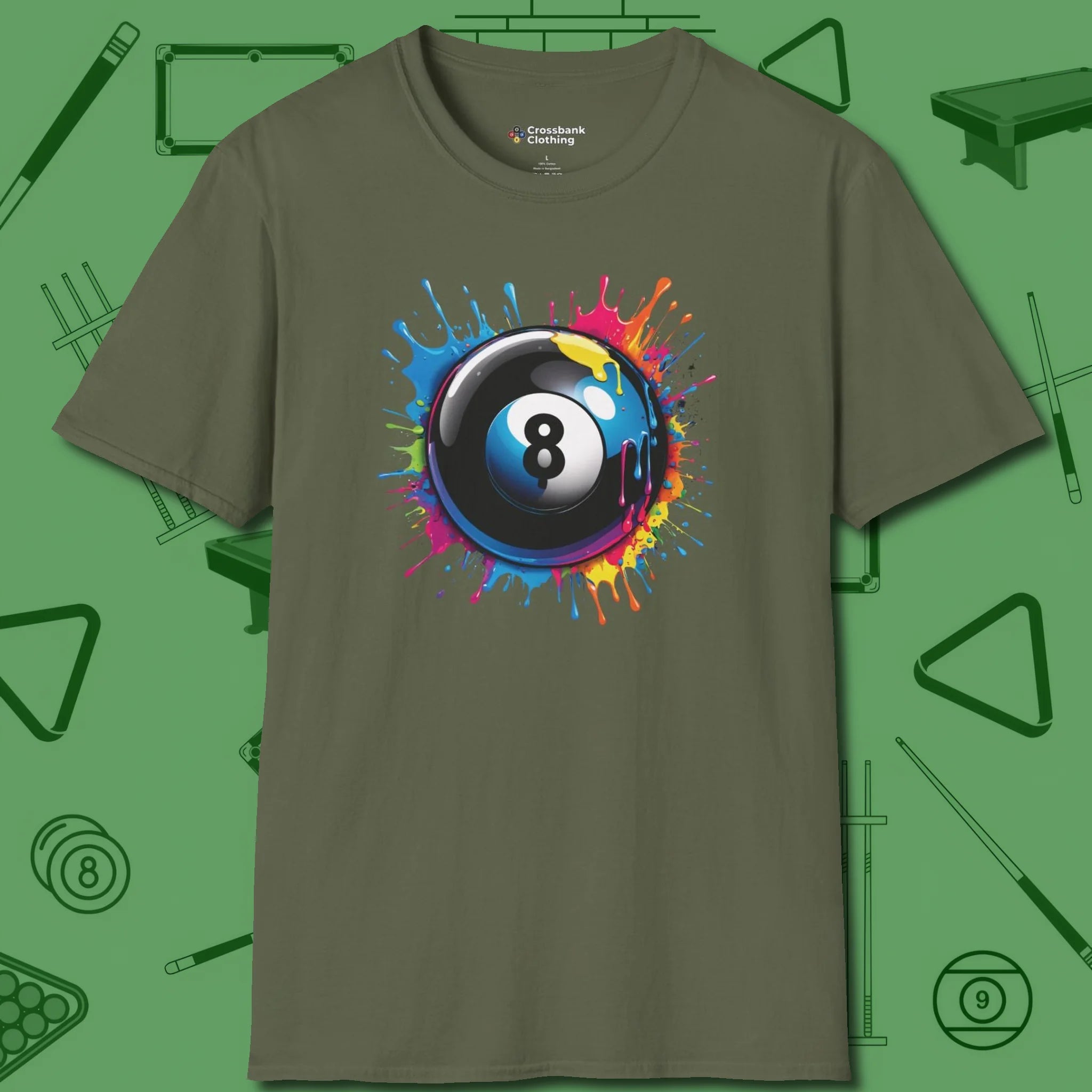 Eight Ball Paint Splash T-Shirt, front view, in Military Green for hustlers who keep it honest