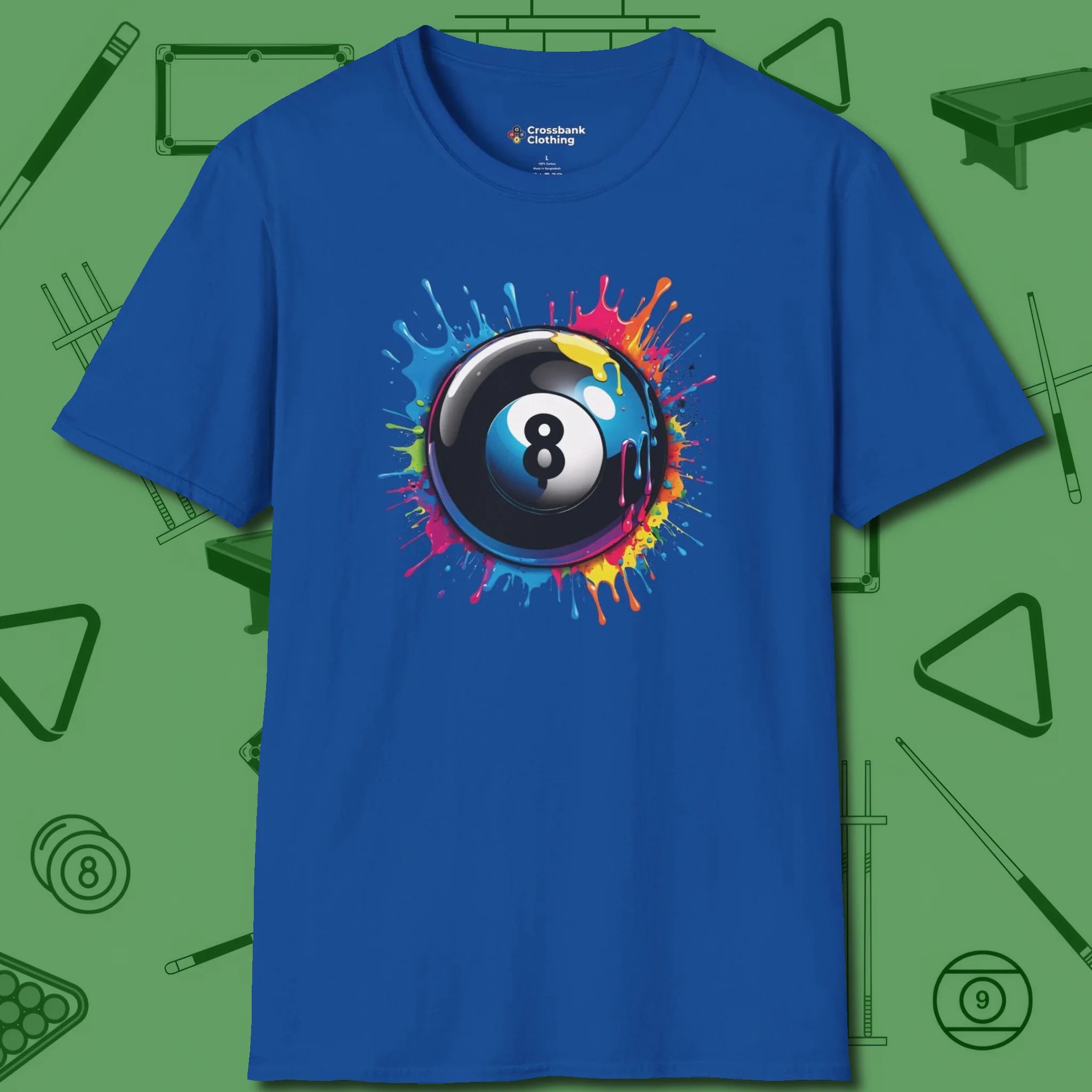 Eight Ball Paint Splash T-Shirt, front view, in Royal the official uniform of the after-hours crew