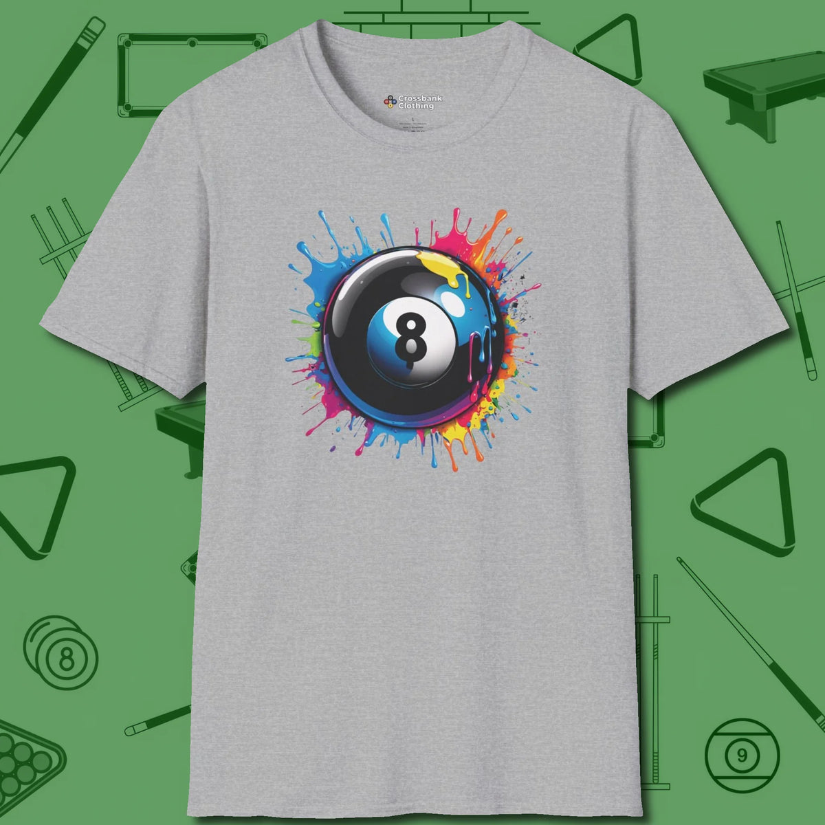 Eight Ball Paint Splash T-Shirt, front view, in Sport Grey where style and cue discipline collide