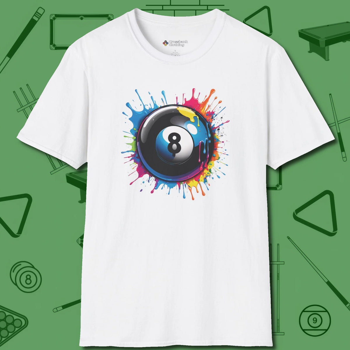 Eight Ball Paint Splash T-Shirt, front view, in White because the table is your battlefield