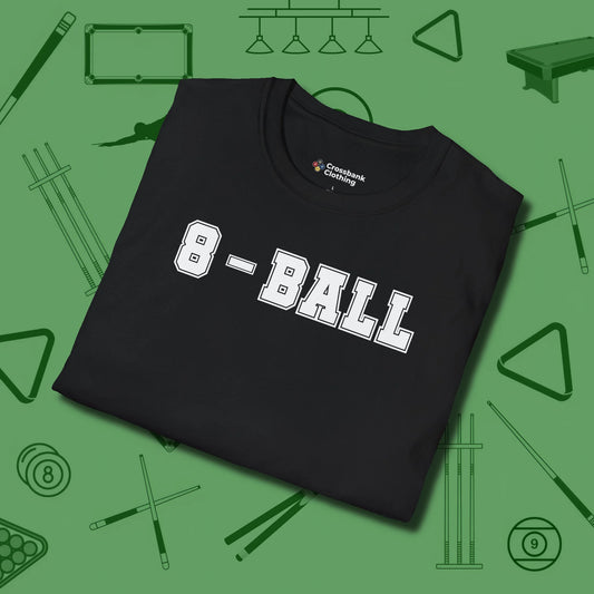 Eight Ball Sports T-Shirt, folded view, in Black earns respect before the first shot