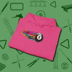 Eight Ball Streak Billiards Hoodie, folded view, in Heliconia perfect for players with quiet fire
