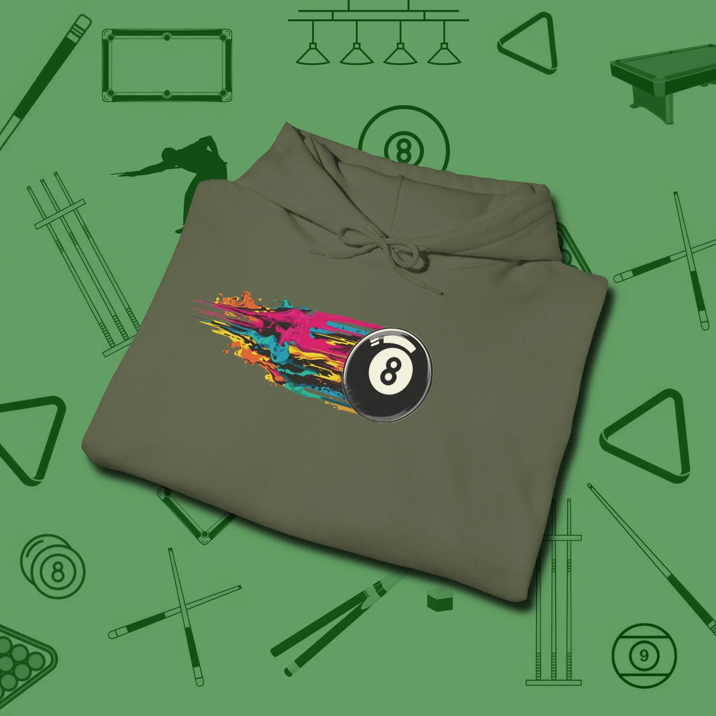Eight Ball Streak Billiards Hoodie, folded view, in Military Green designed for dead stroke and deadpan looks
