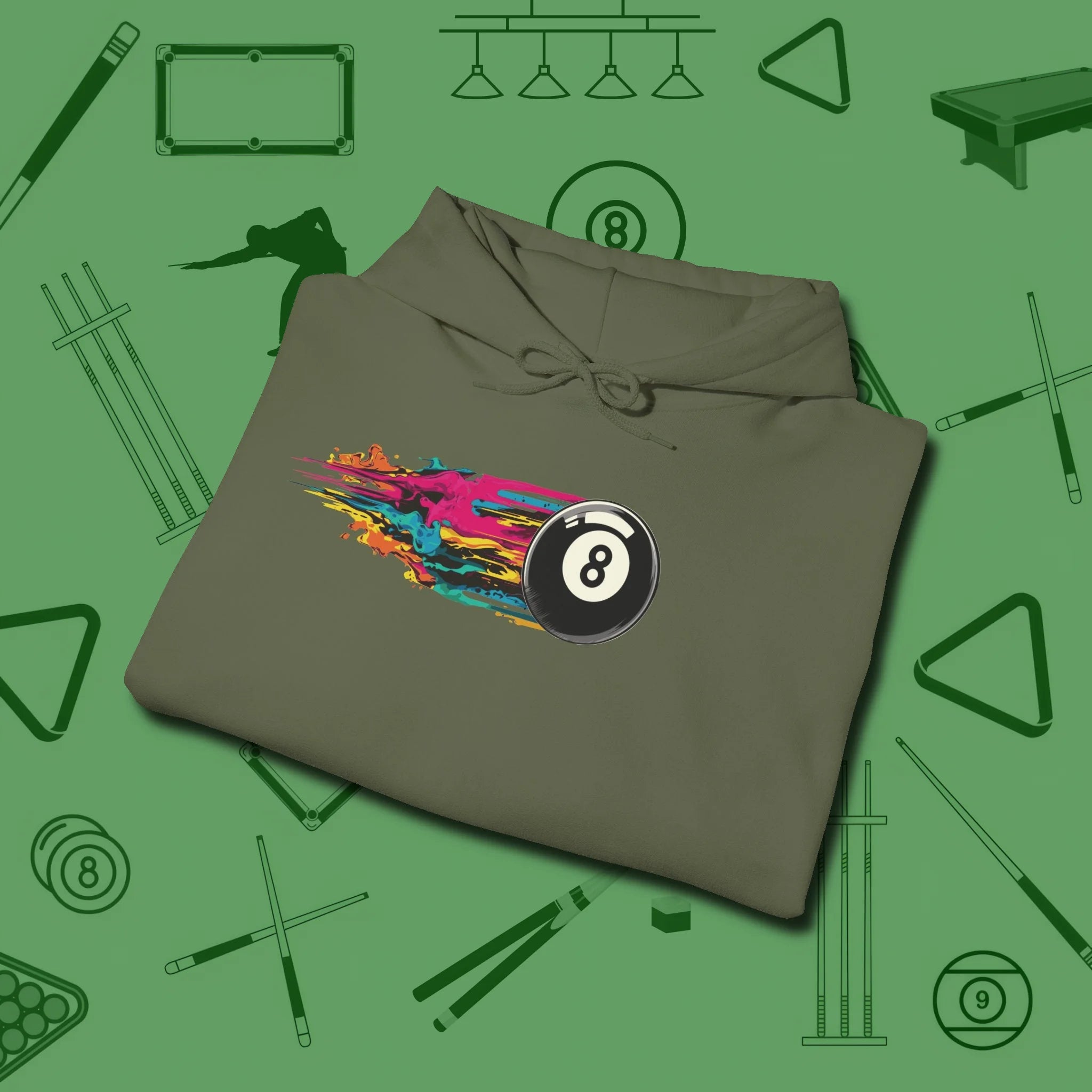 Eight Ball Streak Billiards Hoodie, folded view, in Military Green designed for dead stroke and deadpan looks