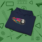 Eight Ball Streak Billiards Hoodie, folded view, in Navy what champions wear between racks
