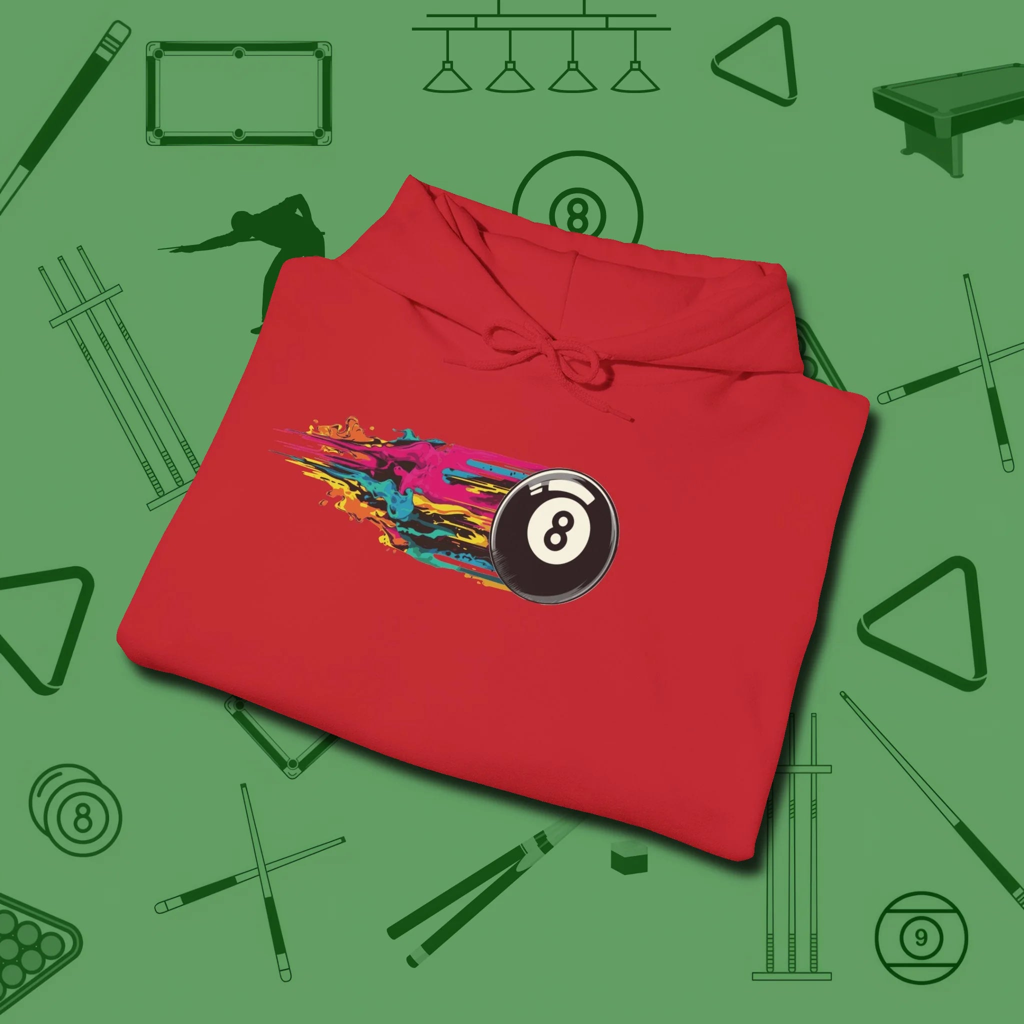 Eight Ball Streak Billiards Hoodie, folded view, in Red cool enough for a corner pocket finish