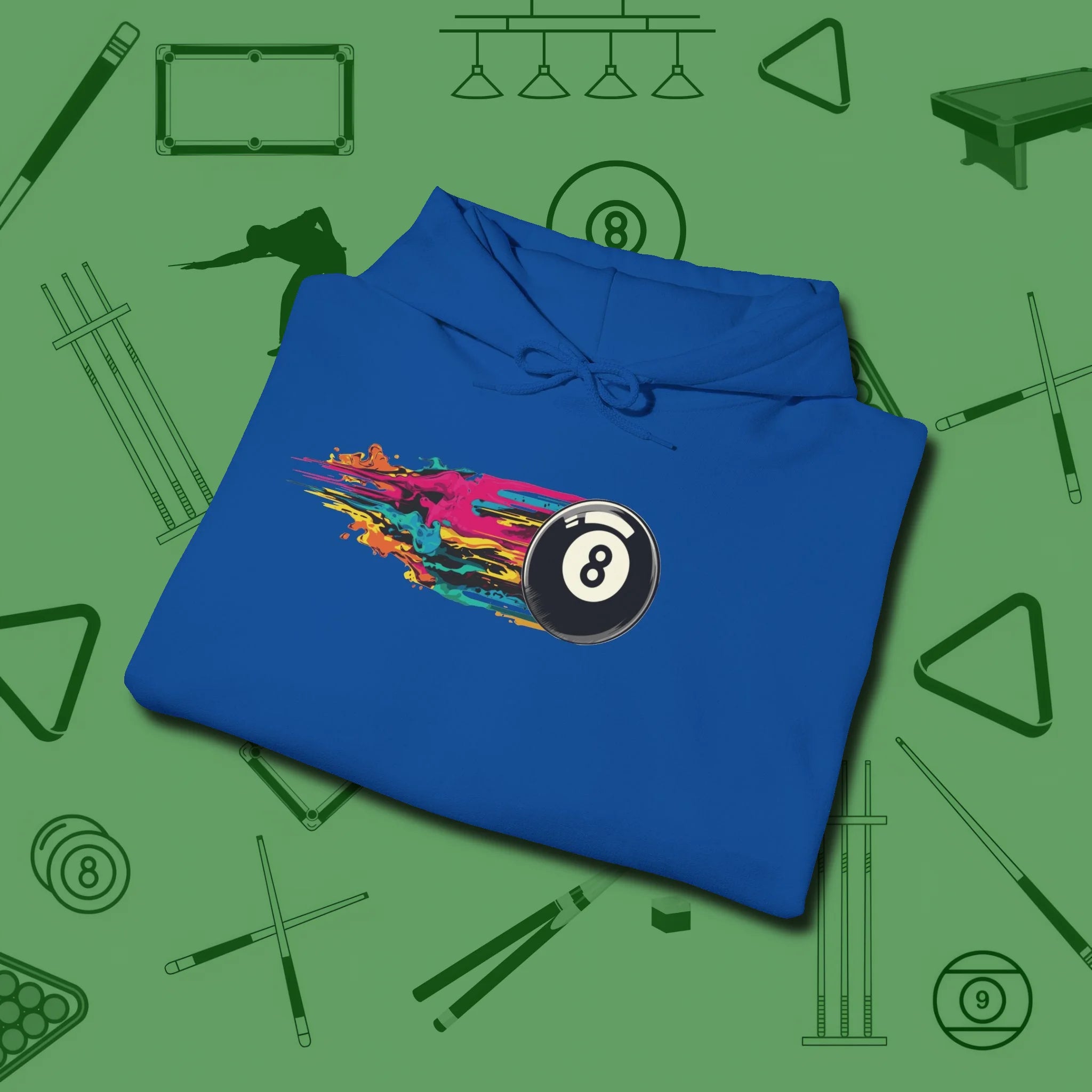 Eight Ball Streak Billiards Hoodie, folded view, in Royal your go-to shirt for league night victories