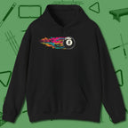 Eight Ball Streak Billiards Hoodie, front view, in Black from chalk to clutch, look the part