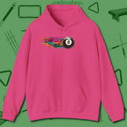 Eight Ball Streak Billiards Hoodie, front view, in Heliconia make every shot — and outfit — count