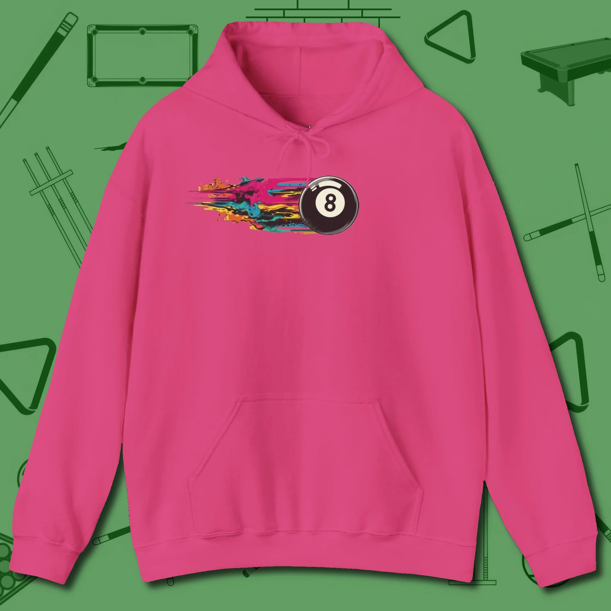 Eight Ball Streak Billiards Hoodie, front view, in Heliconia make every shot — and outfit — count