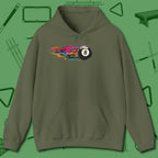 Eight Ball Streak Billiards Hoodie, front view, in Military Green ideal for clean hits and clean fits
