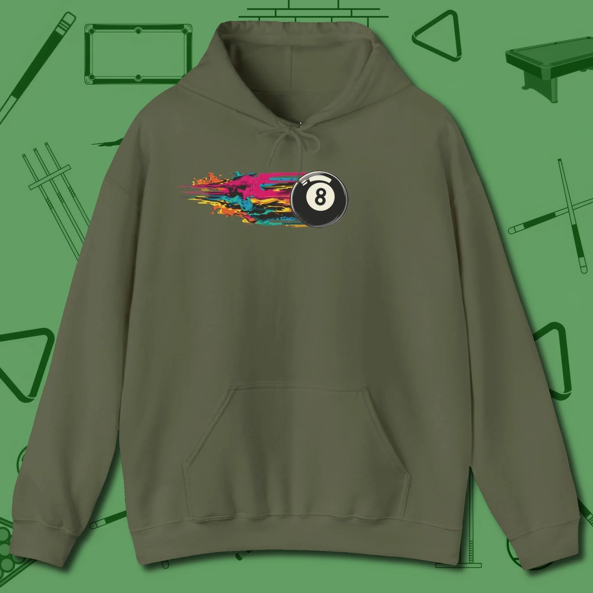 Eight Ball Streak Billiards Hoodie, front view, in Military Green ideal for clean hits and clean fits