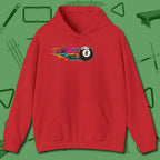 Eight Ball Streak Billiards Hoodie, front view, in Red not your average 8-ball graphic tee