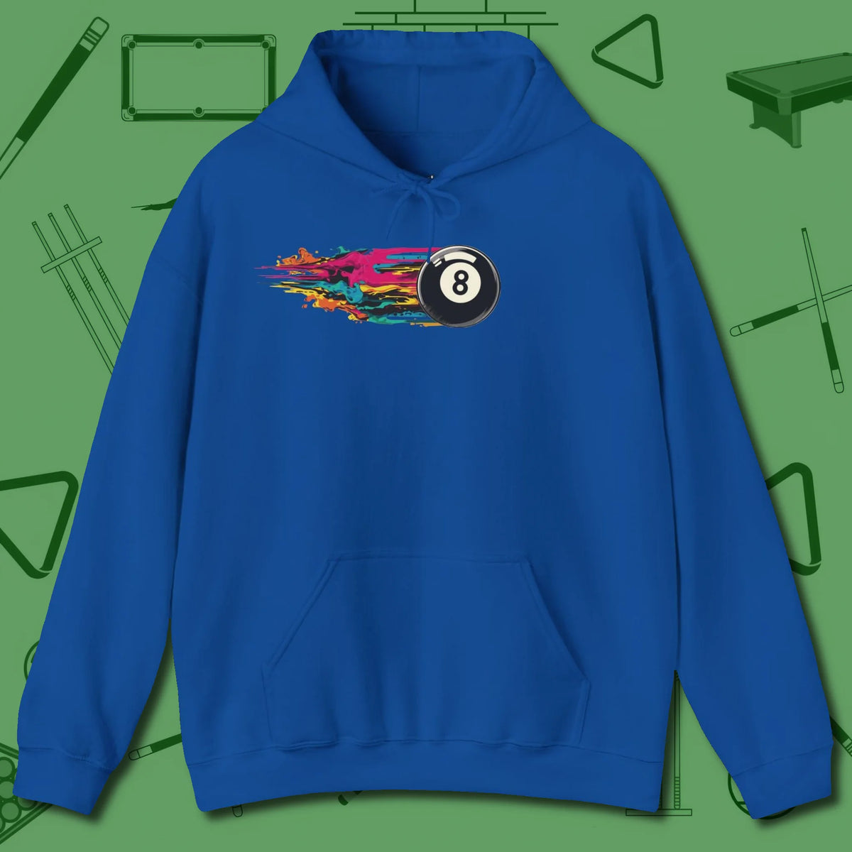 Eight Ball Streak Billiards Hoodie, front view, in Royal cue up respect every time you wear it