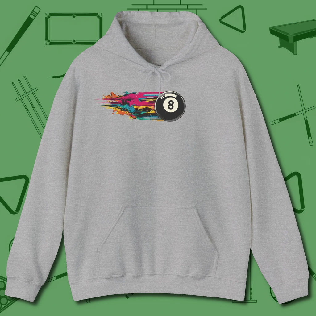 Eight Ball Streak Billiards Hoodie, front view, in Sport Grey cue up respect every time you wear it