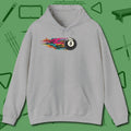 Eight Ball Streak Billiards Hoodie, front view, in Sport Grey cue up respect every time you wear it
