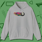 Eight Ball Streak Billiards Hoodie, front view, in Sport Grey cue up respect every time you wear it