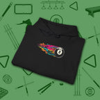 Eight Ball Streak Pool Hoodie, in Black color, billiards hoodie, folded view
