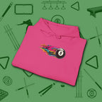 Eight Ball Streak Pool Hoodie, in Heliconia color, billiards hoodie, folded view