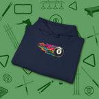 Eight Ball Streak Pool Hoodie, in Navy color, billiards hoodie, folded view