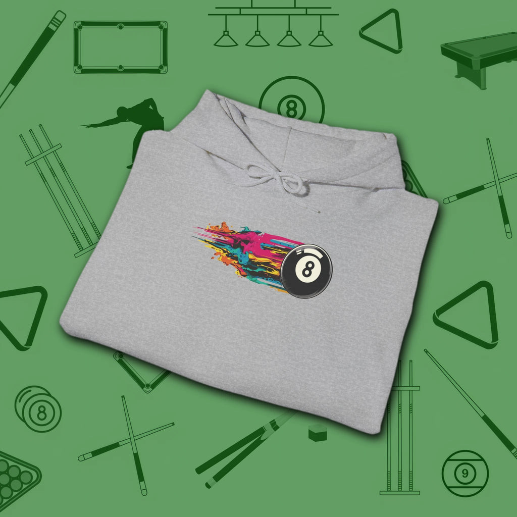 Eight Ball Streak Pool Hoodie, in Sport Grey color, billiards hoodie, folded view