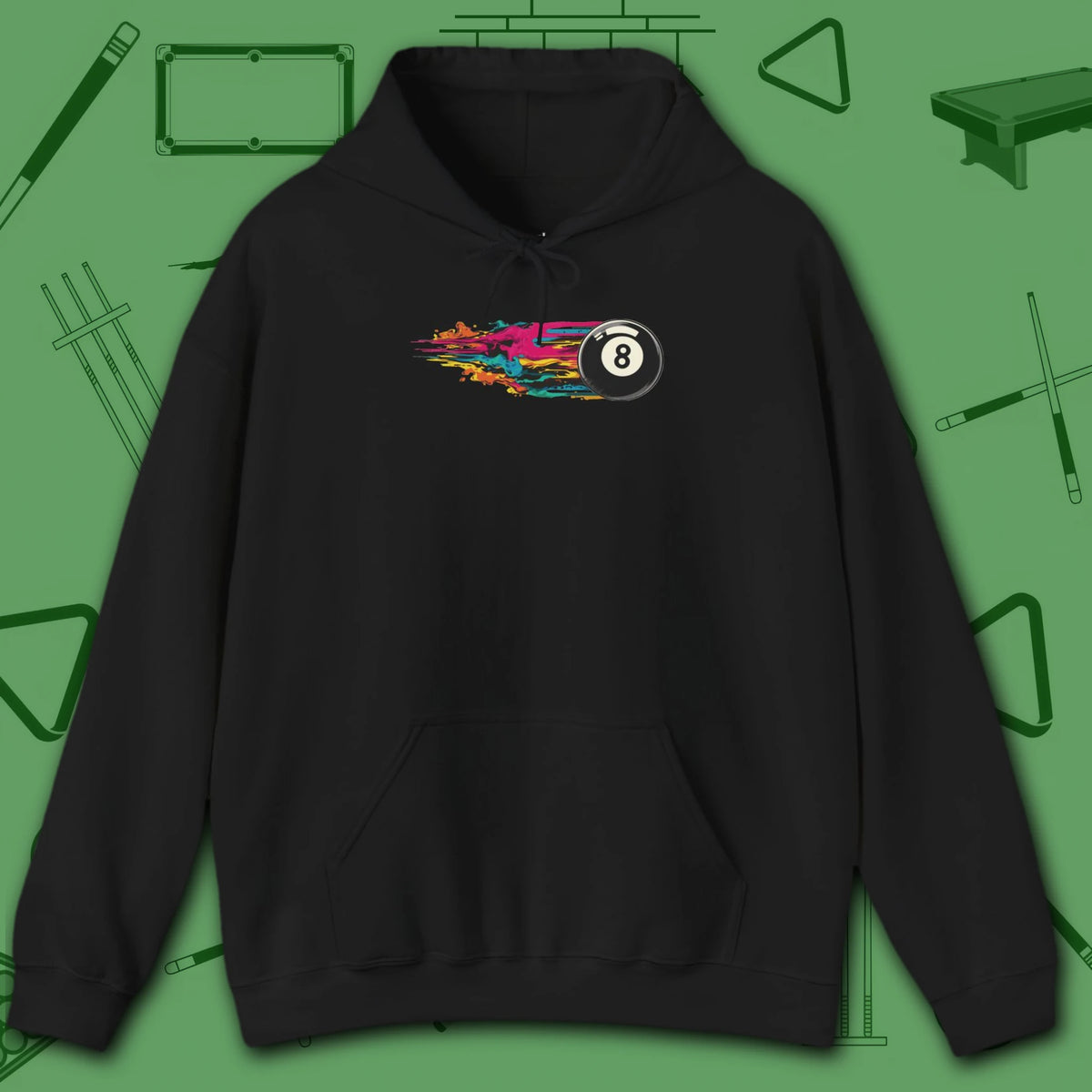 Eight Ball Streak Pool Hoodie, in Black color, billiards hoodie, front view