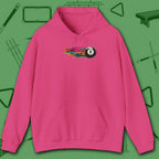 Eight Ball Streak Pool Hoodie, in Heliconia color, billiards hoodie, front view
