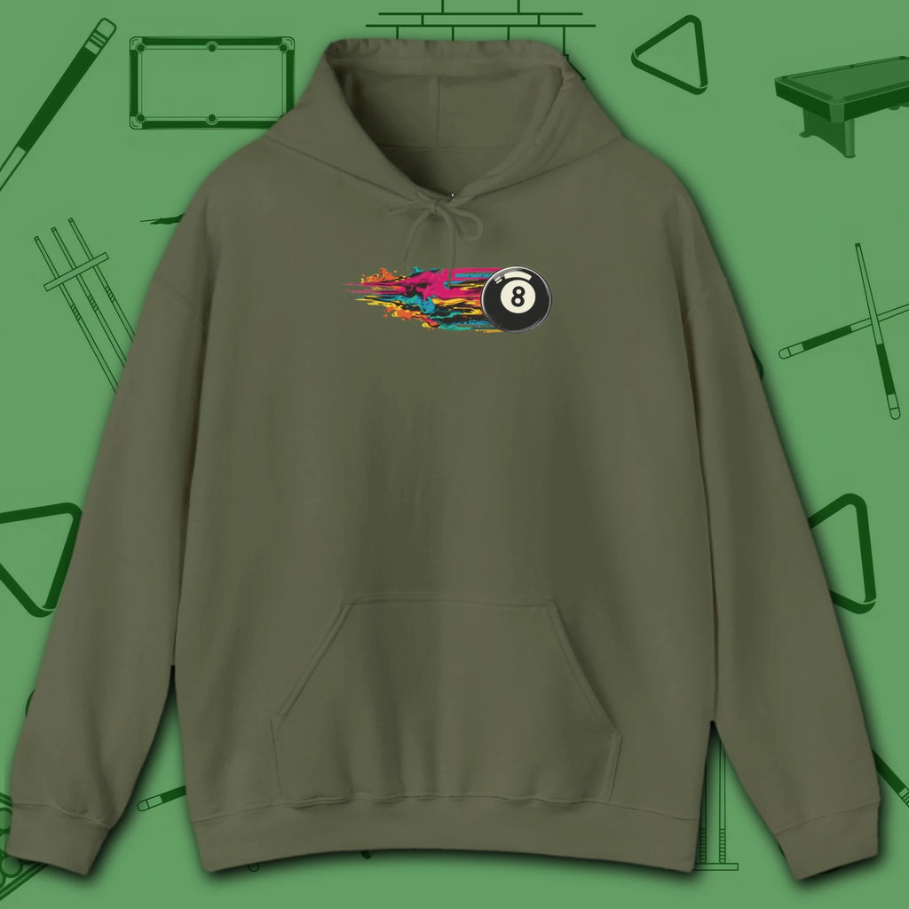 Eight Ball Streak Pool Hoodie, in Military Green color, billiards hoodie, front view