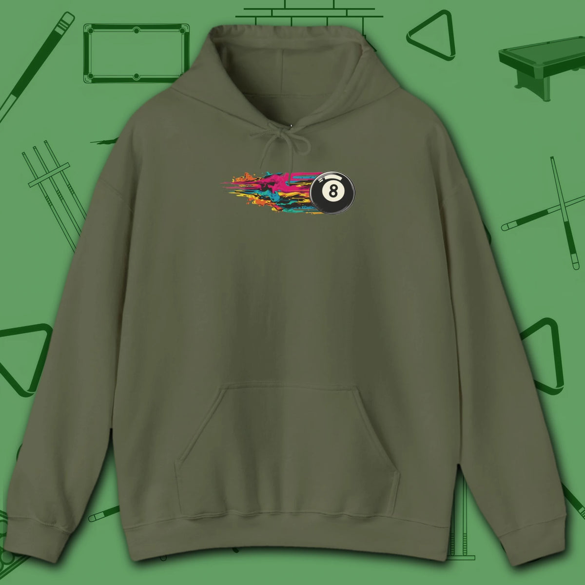 Eight Ball Streak Pool Hoodie, in Military Green color, billiards hoodie, front view