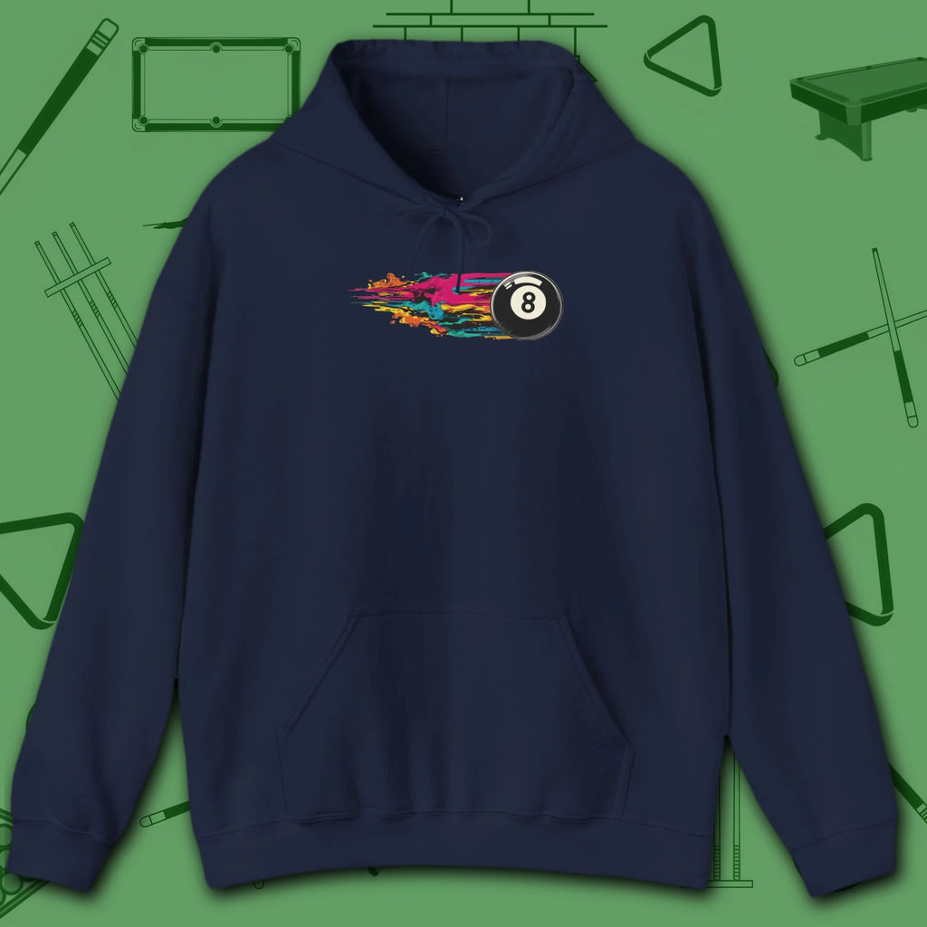 Eight Ball Streak Pool Hoodie, in Navy color, billiards hoodie, front view
