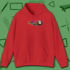 Eight Ball Streak Pool Hoodie, in Red color, billiards hoodie, front view