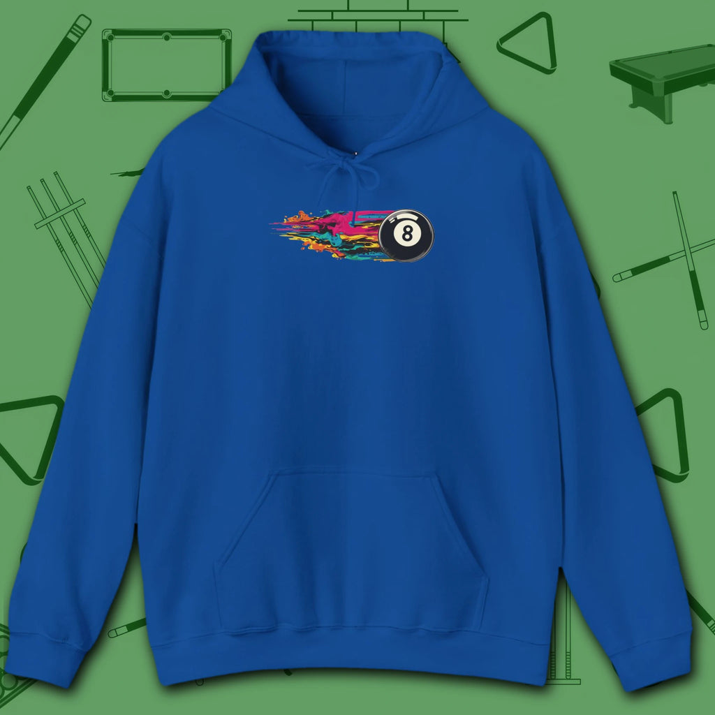 Eight Ball Streak Pool Hoodie, in Royal color, billiards hoodie, front view