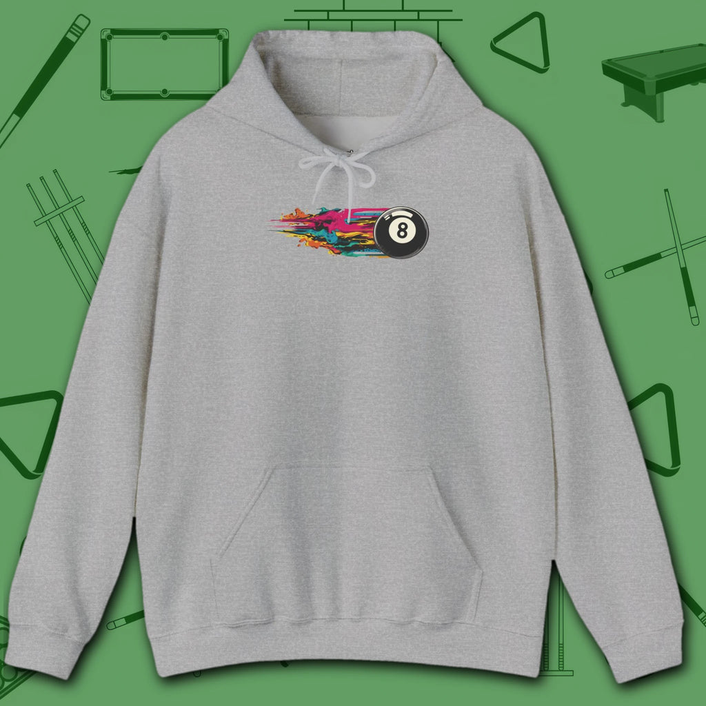 Eight Ball Streak Pool Hoodie, in Sport Grey color, billiards hoodie, front view