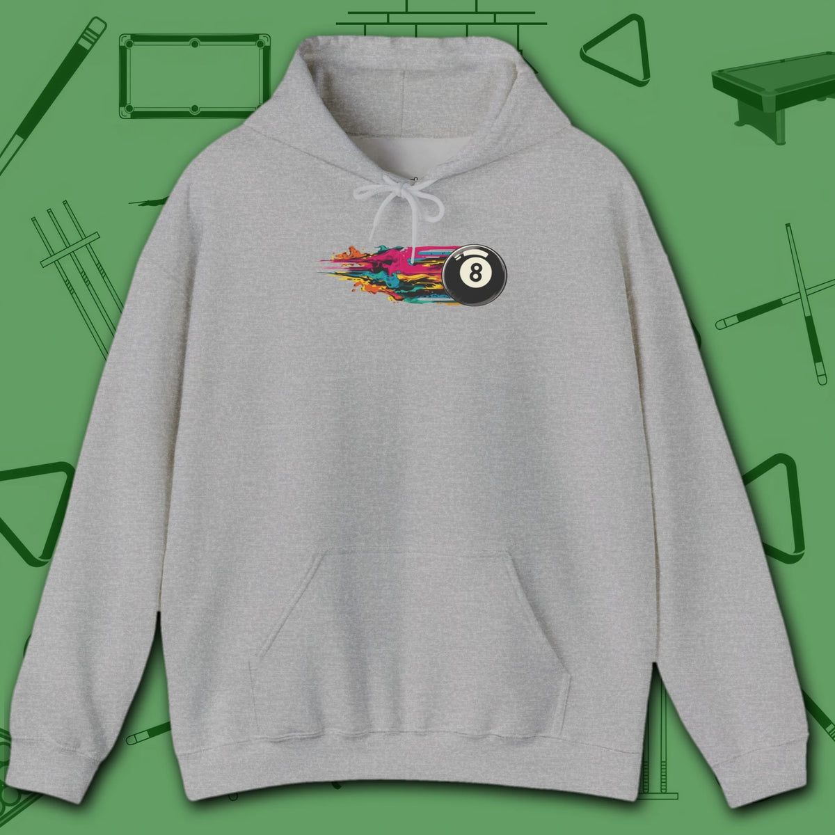 Eight Ball Streak Pool Hoodie, in Sport Grey color, billiards hoodie, front view