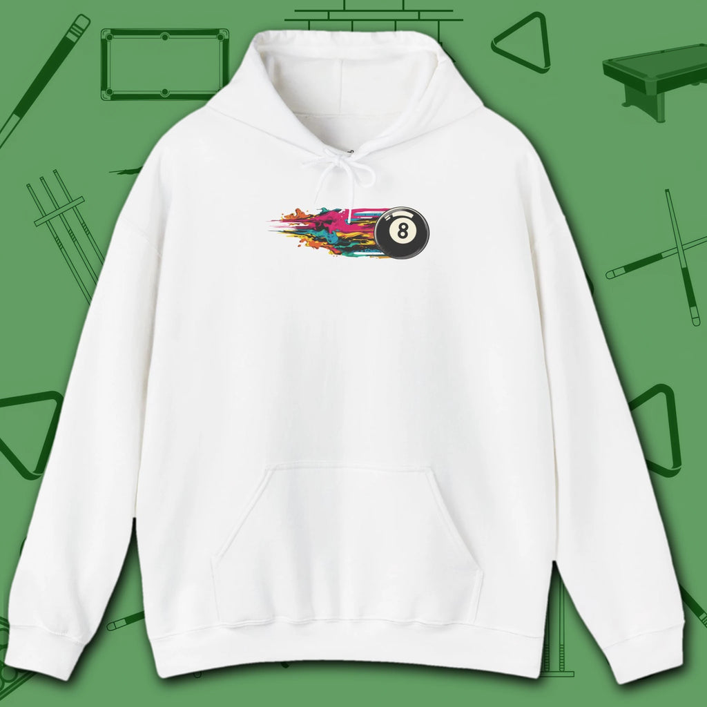 Eight Ball Streak Pool Hoodie, in White color, billiards hoodie, front view