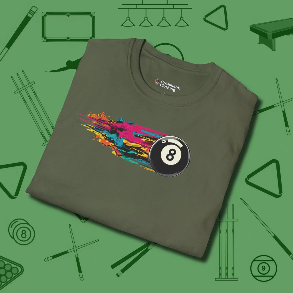Eight Ball Streak T-Shirt, folded view, in Military Green subtle drip for serious shooters