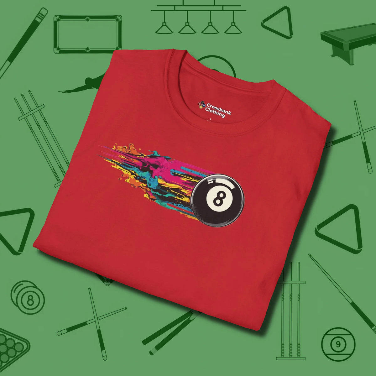 Eight Ball Streak T-Shirt, folded view, in Red clean lines for dirty minds