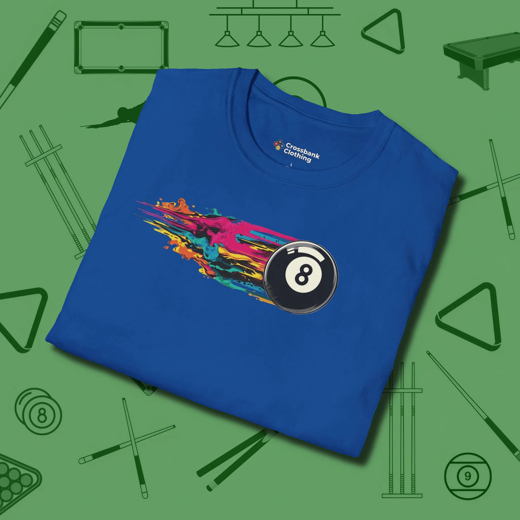 Eight Ball Streak T-Shirt, folded view, in Royal put your best game on display