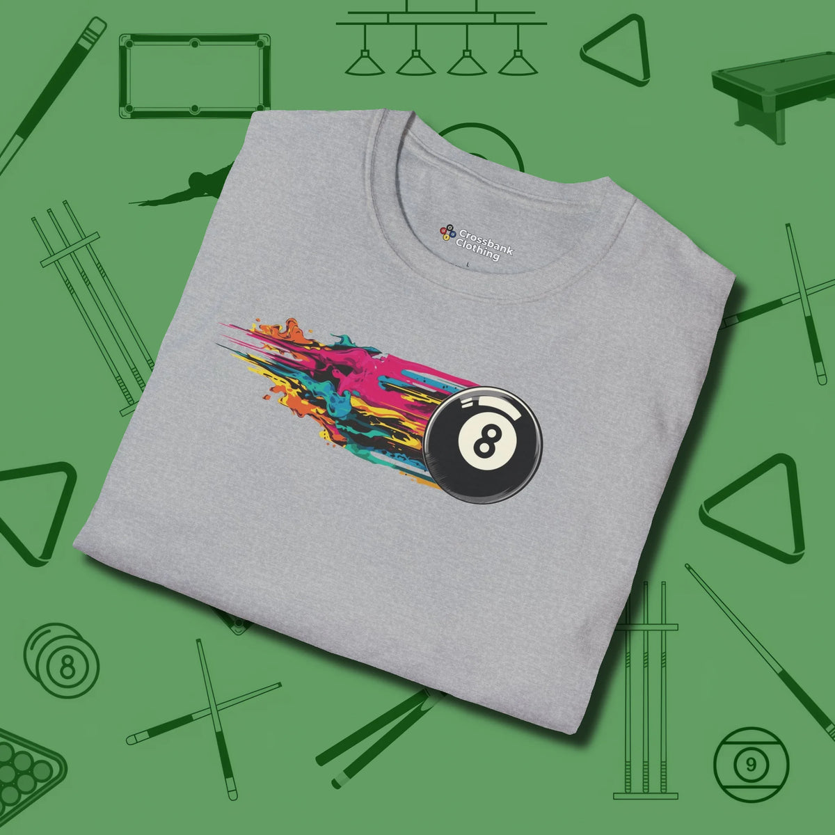 Eight Ball Streak T-Shirt, folded view, in Sport Grey cue up respect every time you wear it