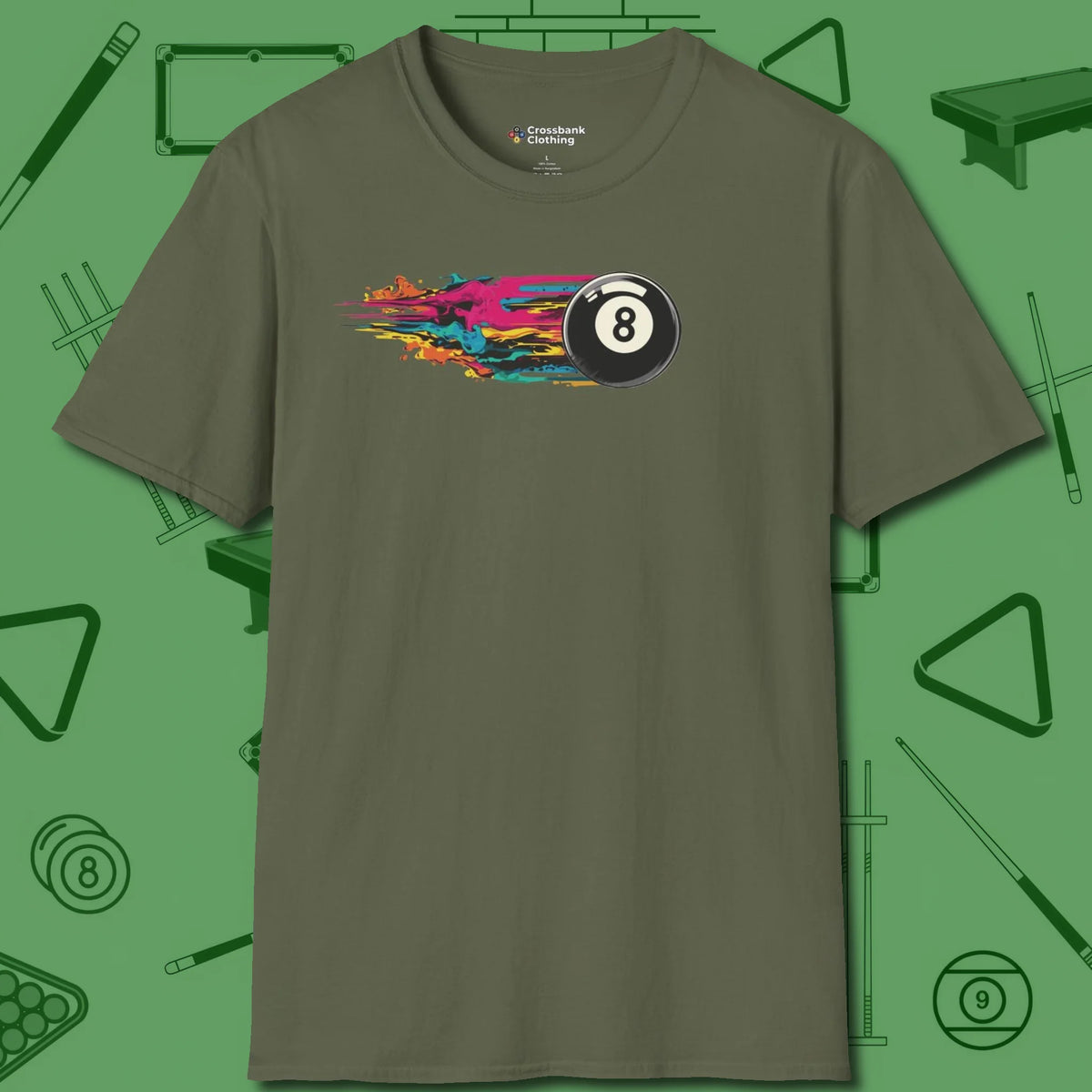 Eight Ball Streak T-Shirt, front view, in Military Green table-tested, street-approved style