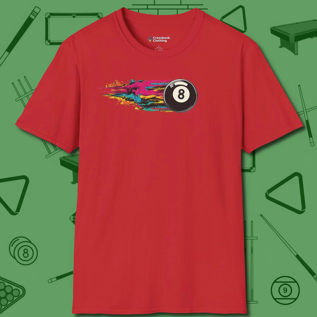 Eight Ball Streak T-Shirt, front view, in Red your go-to shirt for league night victories