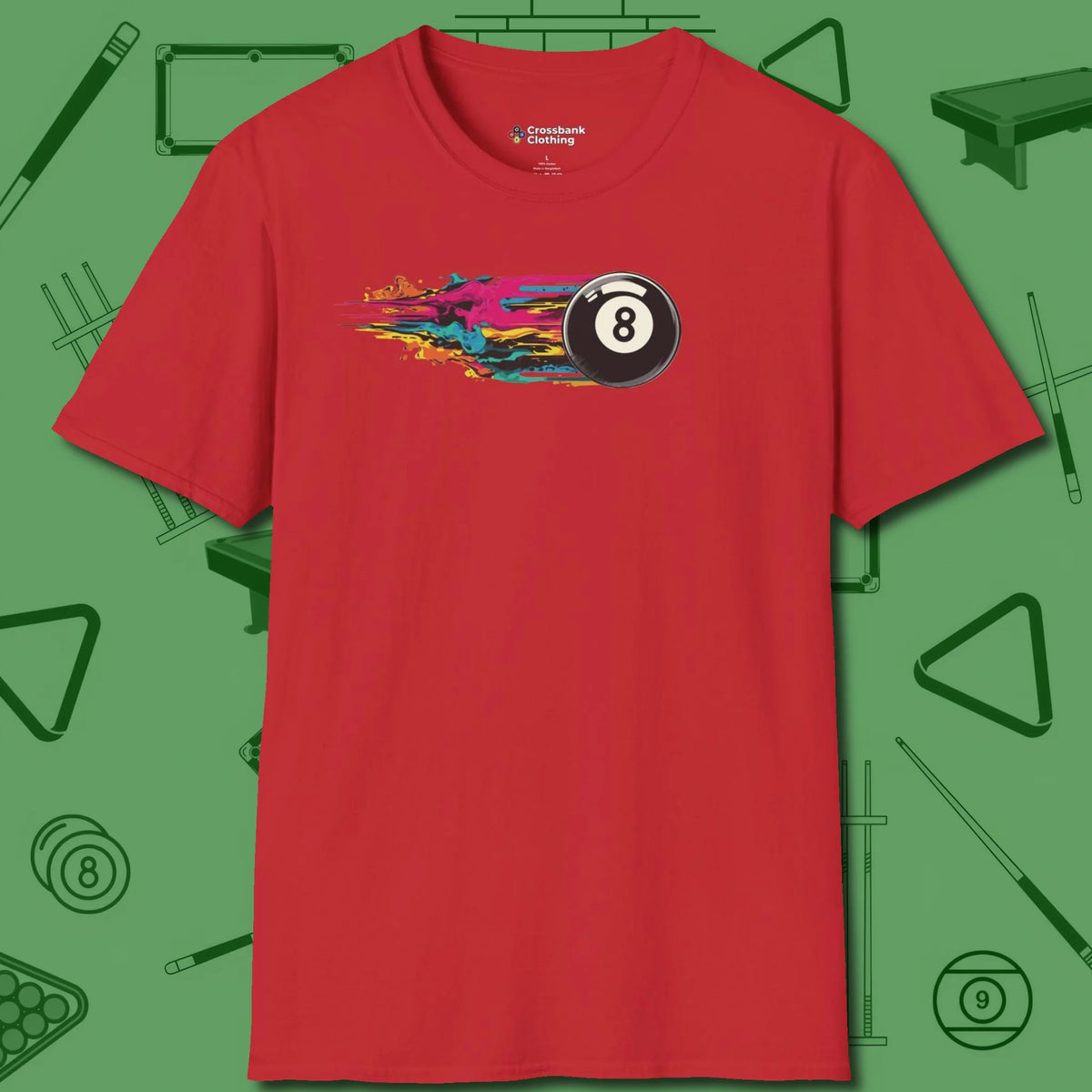 Eight Ball Streak T-Shirt, front view, in Red your go-to shirt for league night victories
