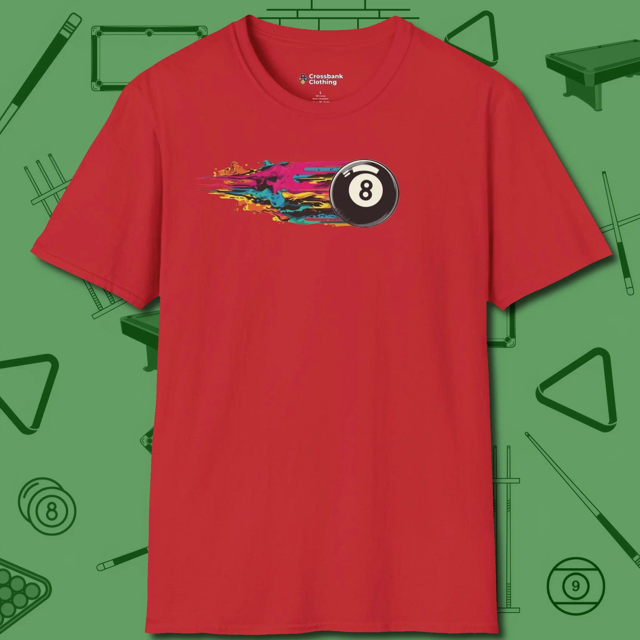 Eight Ball Streak T-Shirt, front view, in Red your go-to shirt for league night victories