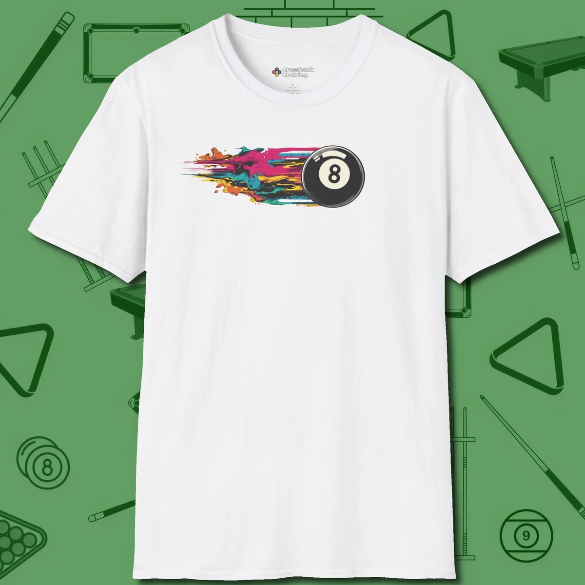 Eight Ball Streak T-Shirt, front view, in White where style and cue discipline collide