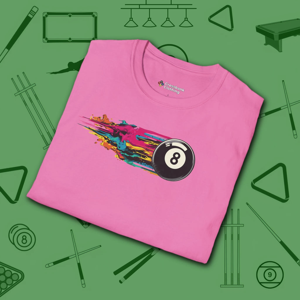 Eight Ball Streak Pool T-Shirt, in Azalea color, billiards shirt, folded view