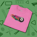 Eight Ball Streak Pool T-Shirt, in Azalea color, billiards shirt, folded view