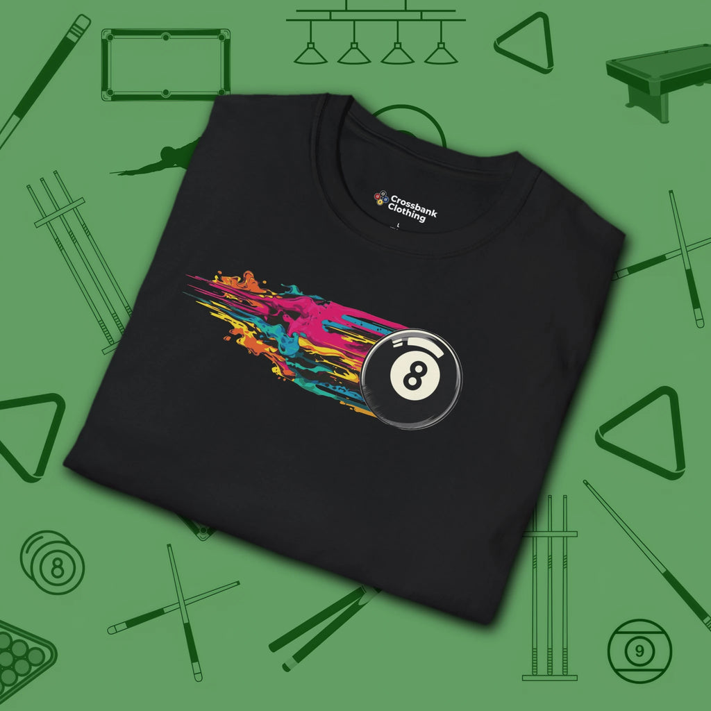 Eight Ball Streak Pool T-Shirt, in Black color, billiards shirt, folded view