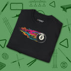 Eight Ball Streak Pool T-Shirt, in Black color, billiards shirt, folded view