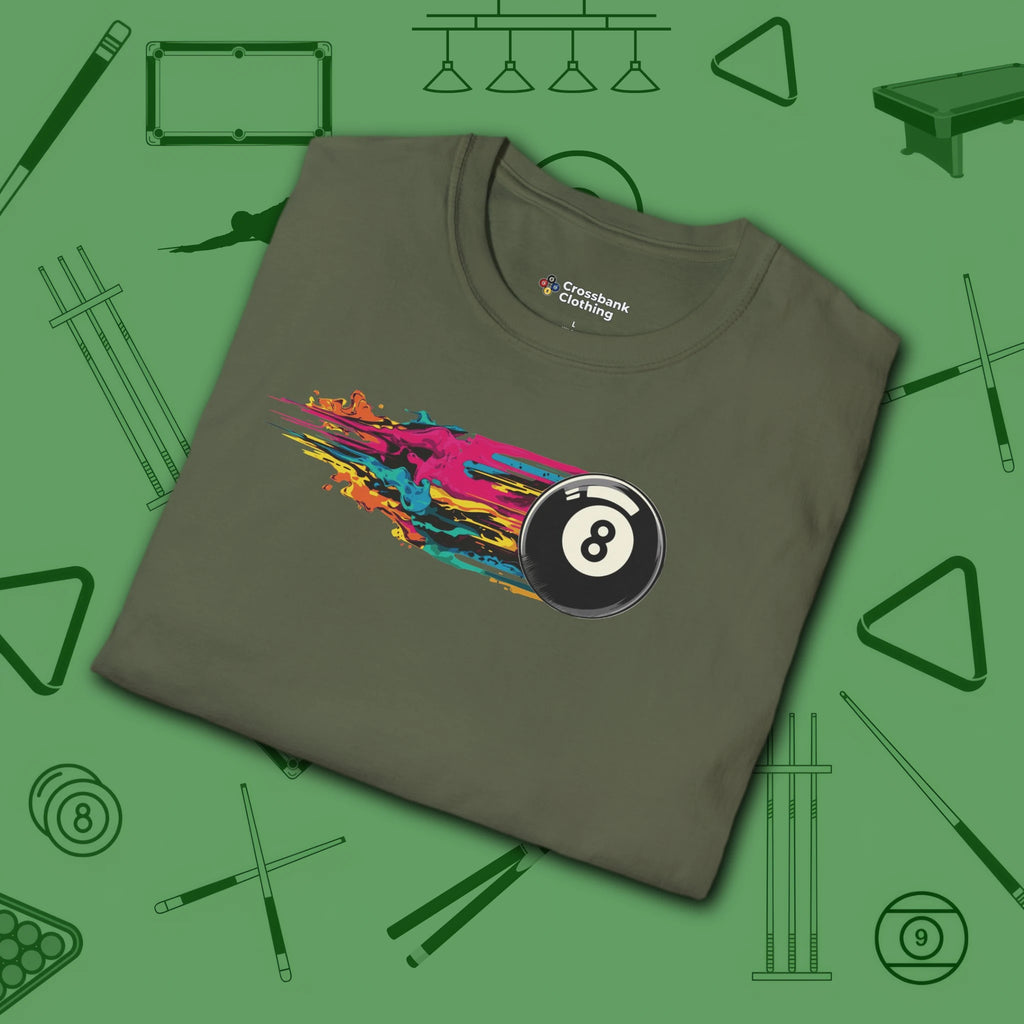 Eight Ball Streak Pool T-Shirt, in Military Green color, billiards shirt, folded view